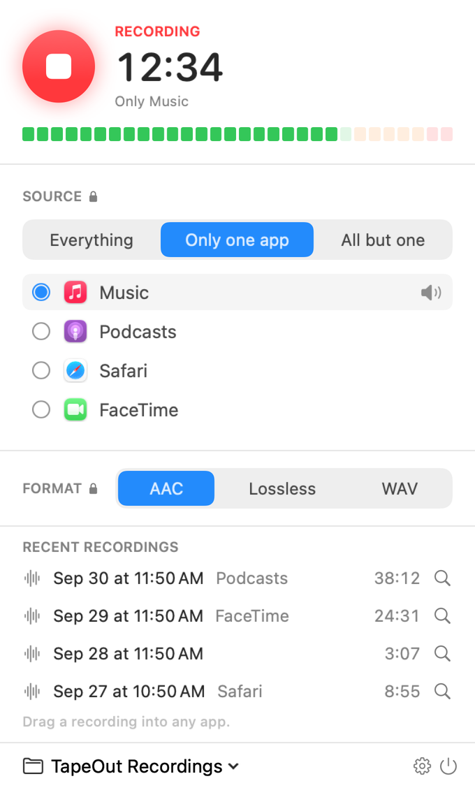 TapeOut recording only the Music app, with a live level meter